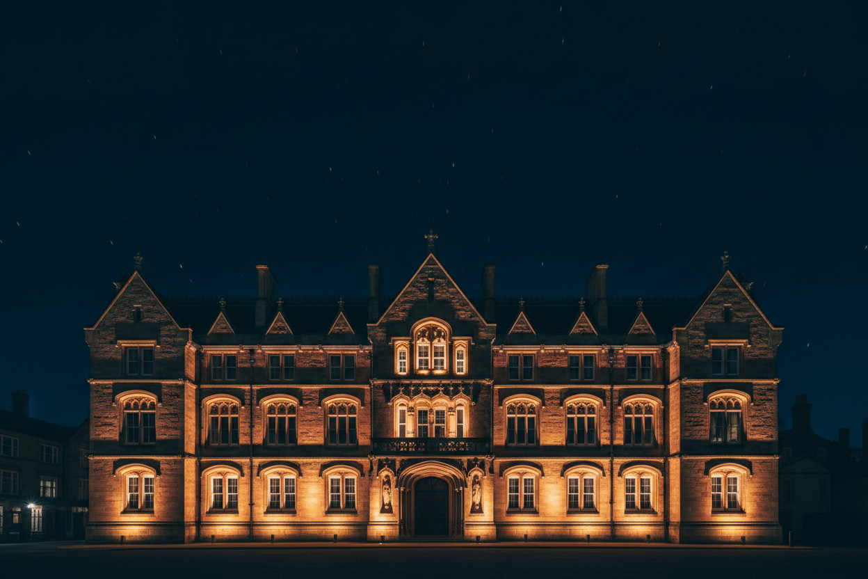 Heritage masonry facade with warm amber spotlights creating dramatic uplight patterns on ornate stone details
